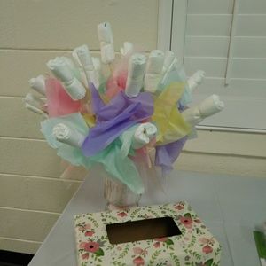 Diaper bouquets with surprises inside